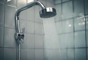Water coming out of a square shower head in a modern bathroom frozen water movement