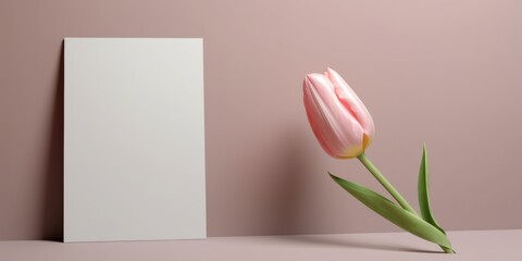 Mockup blank white paper with pink tulip, Copy space. Generative AI image weber.