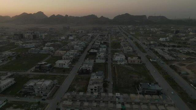 Aerial view of construction site at dusk, Islamabad, Capital of Pakistan.