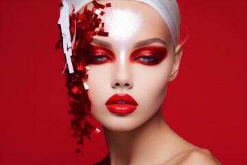 Portrait of a woman with red lips and strong party Make up with red confetti on her face, Christmas theme