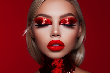 Portrait of a woman with strong red glitter eye shadow and long eyelashes with red lipstick, Christmas make up - obrazy, fototapety, plakaty