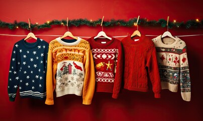 Different ugly Christmas sweaters are hanging on decorated studio red background. New year and Christmas Festive Atmosphere concept.