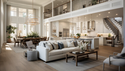 Stunning Panorama of Luxury Home Interior with Open Concept Floor Plan: Shows Living Room, Dining Room, Kitchen, and Entry. Elegant Stairs Lead up to Second Story. AI generated.