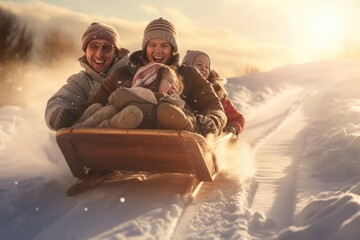 Caucasian Family Toboganning On White Snow At Christmas Background Generative AI - obrazy, fototapety, plakaty