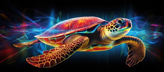 Abstract 3d colorful hologram turtle animal drawing in dark background. AI generated