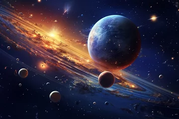 Foto op Canvas Fantasy sci-fi solar system in deep space: a 3D concept. A ring of fire, spheres and planets in motion. ideal image for astronomy and astrophysics publications. Scifi poster for magazine with earth © Andrea Marongiu