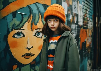 cute girl walking in urban city street with graffiti wall background, Generative Ai