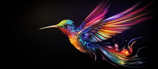 Rolgordijnen Abstract 3d colorful hologram hummingbird drawing in dark background. AI generated © orendesain99