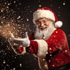 Photo of happy Santa Claus carrying gift boxes
