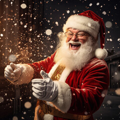 Photo of happy Santa Claus carrying gift boxes