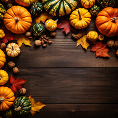 Autumn background frame of fall harvest on aged wood with copy space