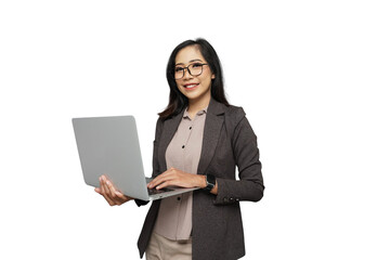 Beautiful Young Asian Businesswoman with Laptop Cutout Isolated Background