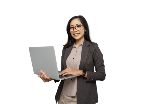 Beautiful Young Asian Businesswoman with Laptop Cutout Isolated Background