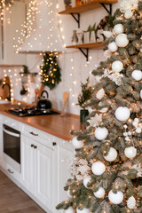 Modern Kitchen Interior with Island, Sink, Cabinets in New Luxury Home Decorated in Christmas Style. - 674777142