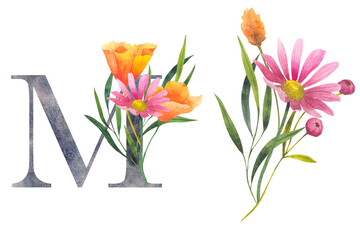 Letter M with watercolor wildflowers. Floral alphabet, set isolated letters with botanical bouquet. monogram initials perfectly for wedding invitation, birthday, greeting card and other design