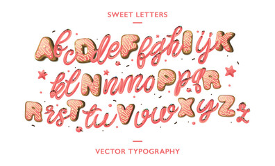 Donuts hand drawn decorative font. Cartoon sweet letters and numbers. Cute design for girls. Birthday party celebration.
