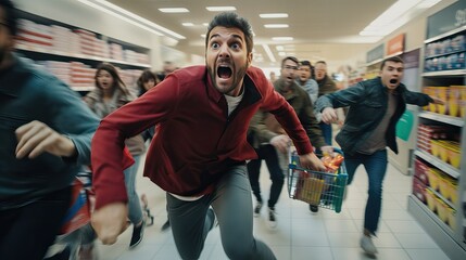 Frenzy Black Friday shoppers running inside shopping mall, crowd of people while shopping during seasonal sales. Diverse people customers rushing for bargains, hunting for discounts, doorbuster - obrazy, fototapety, plakaty