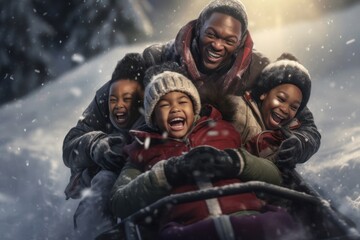 Black Family Snow Sliding In Snow Smiling Background Generative AI - obrazy, fototapety, plakaty