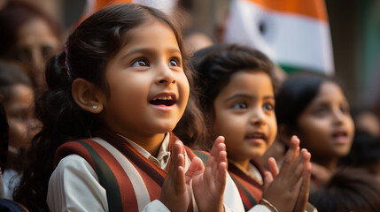 Patriotic School Children: Children dressed in tricolor clothing singing the national anthem at their school's Republic Day celebrations, reflecting the future of India in India Re - obrazy, fototapety, plakaty
