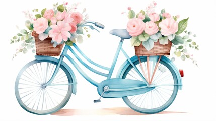 watercolor vector illustration bike basket with flowers