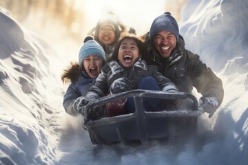 Asian Family Toboganning In The Snow At Christmas Background Generative AI - obrazy, fototapety, plakaty