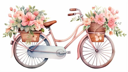 Fototapeta na wymiar watercolor vector illustration bike basket with flowers