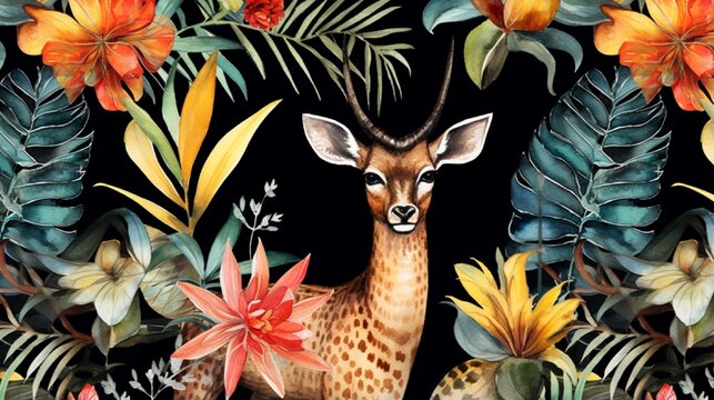 watercolor tropical pattern with leopard and antelope, tropical plant, pineapple, flower Strelitzia, Tibetan deer, safari wallpaper, black background © Muhammad
