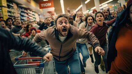 Frenzy Black Friday shoppers running inside shopping mall, crowd of people while shopping during seasonal sales. Diverse people customers rushing for bargains, hunting for discounts, doorbuster