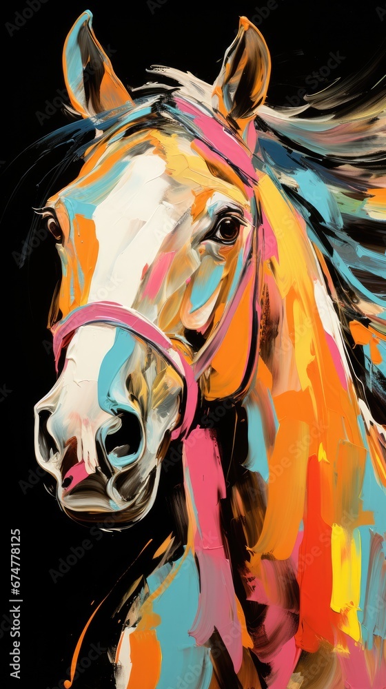 Poster a painting of a horse's head with a pink bridle on it's bridle. generative ai