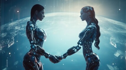 Couple of man and robot girl holding each other's hands on space sky background, imagination of love passion fantasy between human and AI. Generative AI image weber.
