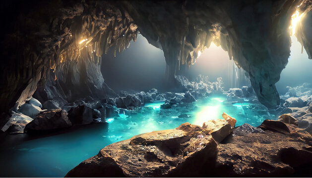 Mysterious cave with crystals and lights, gamer backdrop, background