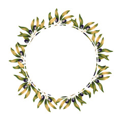 Round template for text with olive branches and leaves. Frame or border with botanical motifs. Illustration for romantic pretty wedding invitation, greeting card, cosmetic, label design.