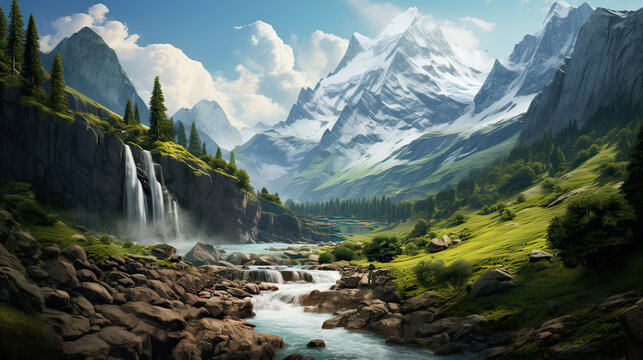 Astounding waterfall cascading from alpine heights into a tranquil valley in the Swiss Alps Ai Generative