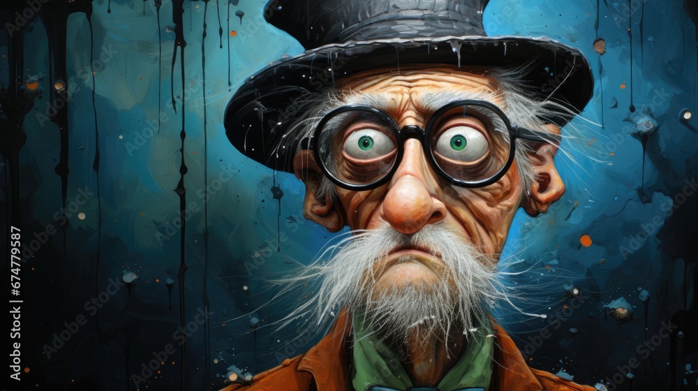 Poster  a painting of an old man with a top hat and eyeglasses looking at the camera with a surprised look on his face.  generative ai