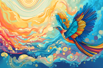 Fliegender Vogel in den Wolken -  Farbenfrohe Vögel ähnlich Holzschnitt oder Linolschnitt - obrazy, fototapety, plakaty
