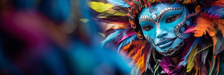 Cercles muraux Carnaval Man in bright carnival clothes with a mask. The mask is decorated with feathers and patterns