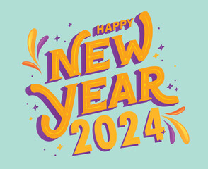 Happy New Year 2024 Holiday Abstract Yellow And Purple Design Vector Logo Symbol Illustration With Cyan Background