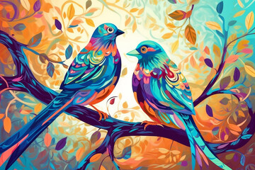 Farbenfrohe Vögel ähnlich Holzschnitt oder Linolschnitt - obrazy, fototapety, plakaty