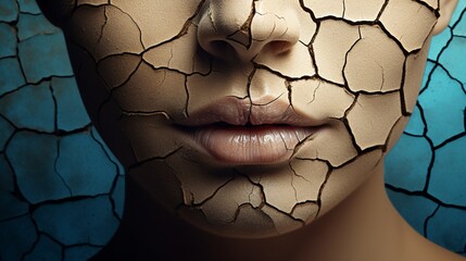 Woman face with cracked earth pattern