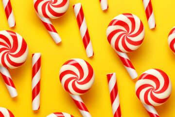 Simple red and white striped candy canes pattern on yellow background
