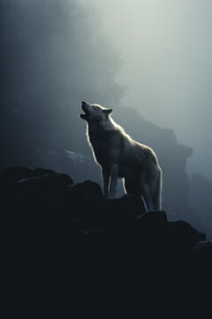 White wolf howling on a night cliff. Moonlit fantasy mood.
