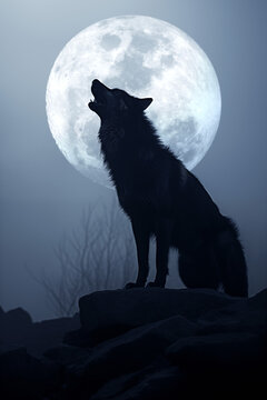 silhouette of a wolf howling on a cliff - full moon - fantasy forest