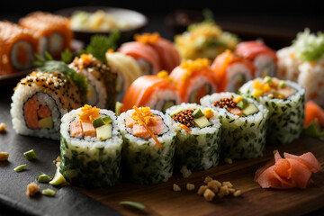 Sushi pieces arranged in an artistic and visually appealing manner on a textured ardesia surface, conveying the artistry of sushi making. Generative Ai.
