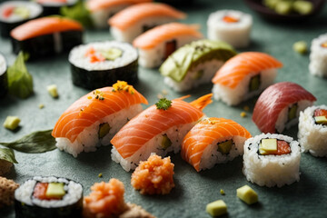 Sushi pieces arranged in an artistic and visually appealing manner on a textured ardesia surface, conveying the artistry of sushi making. Generative Ai.