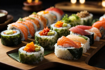 Sushi pieces arranged in an artistic and visually appealing manner on a textured ardesia surface, conveying the artistry of sushi making. Generative Ai.