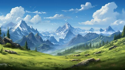 Fototapeta premium mountain field environment panorama landscape illustration green scenery, countryside hill, view outdoor mountain field environment panorama landscape