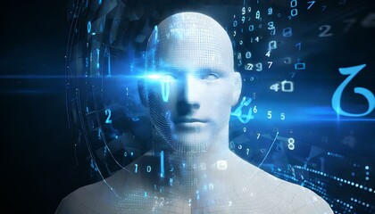 Concept of Artificial Intelligence or AI, Binary code and humanlike features. Innovative business movement in Technology, Communication and Information