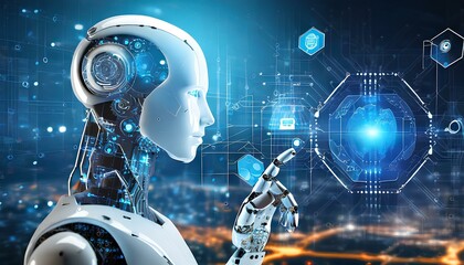 Concept of Artificial Intelligence or AI, Binary code and humanlike features. Innovative business movement in Technology, Communication and Information