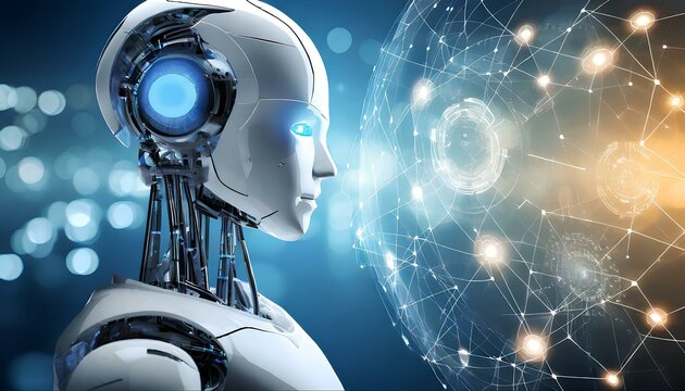 Concept of Artificial Intelligence or AI, Binary code and humanlike features. Innovative business movement in Technology, Communication and Information