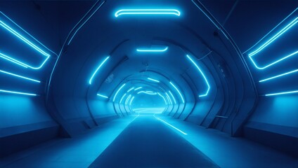 Light tunnel in the tunnel. Abstract futuristic tunnel illuminated by blue neon lights. 